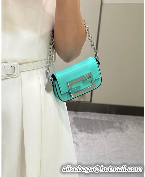 Top Grade Fendi Nano Baguette Bag Charm with Chain in Calf Leather 80128 Tiffany Blue 2023