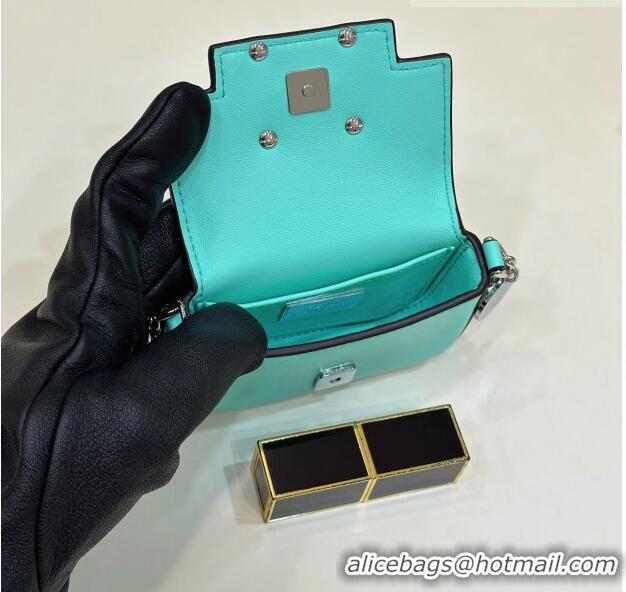 Top Grade Fendi Nano Baguette Bag Charm with Chain in Calf Leather 80128 Tiffany Blue 2023