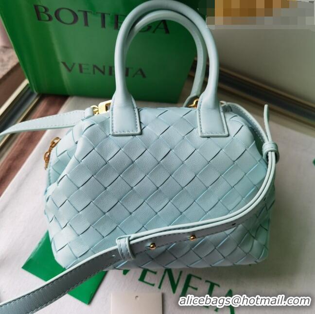 Good Quality Bottega Veneta Mini Bauletto Top Handle Bag in Intreccio Leather 764535 Light Blue 2023