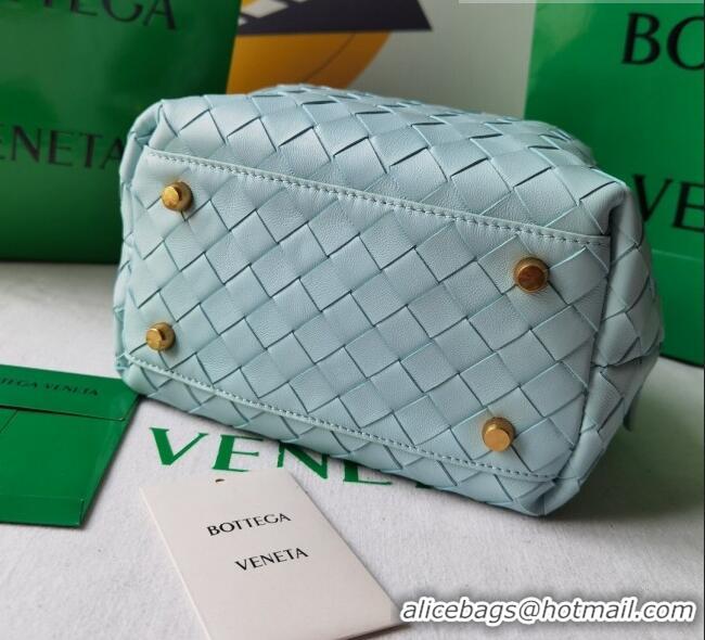 Good Quality Bottega Veneta Mini Bauletto Top Handle Bag in Intreccio Leather 764535 Light Blue 2023