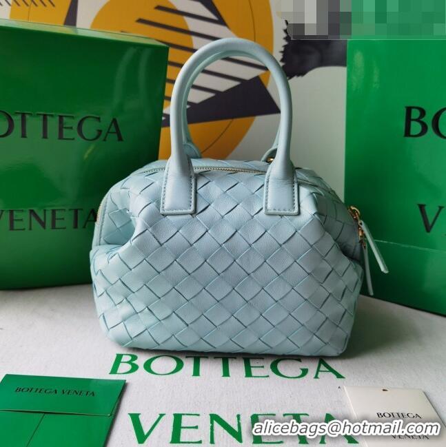 Good Quality Bottega Veneta Mini Bauletto Top Handle Bag in Intreccio Leather 764535 Light Blue 2023