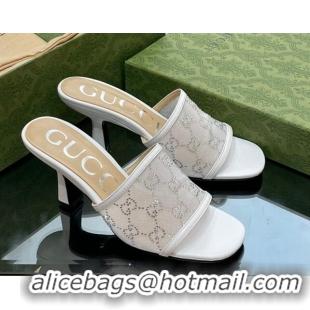 Perfect Gucci GG Crystals Mesh Mid Heel Slide Sandals 7.5cm White 718121