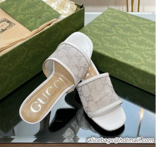 Perfect Gucci GG Crystals Mesh Mid Heel Slide Sandals 7.5cm White 718121