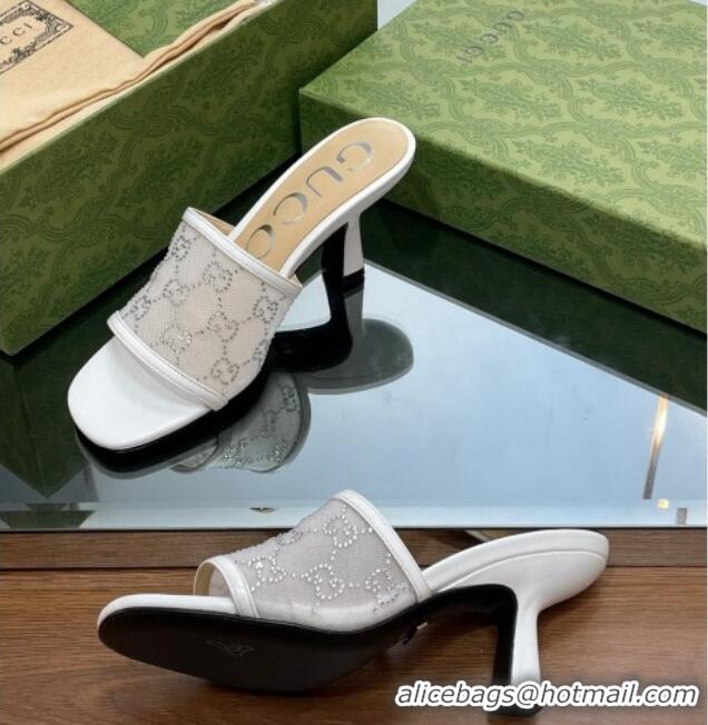 Perfect Gucci GG Crystals Mesh Mid Heel Slide Sandals 7.5cm White 718121