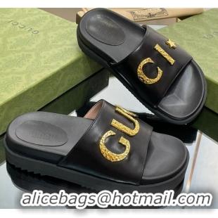 Comfortable Gucci Star Leather Platform Slide Sandals Black 719001