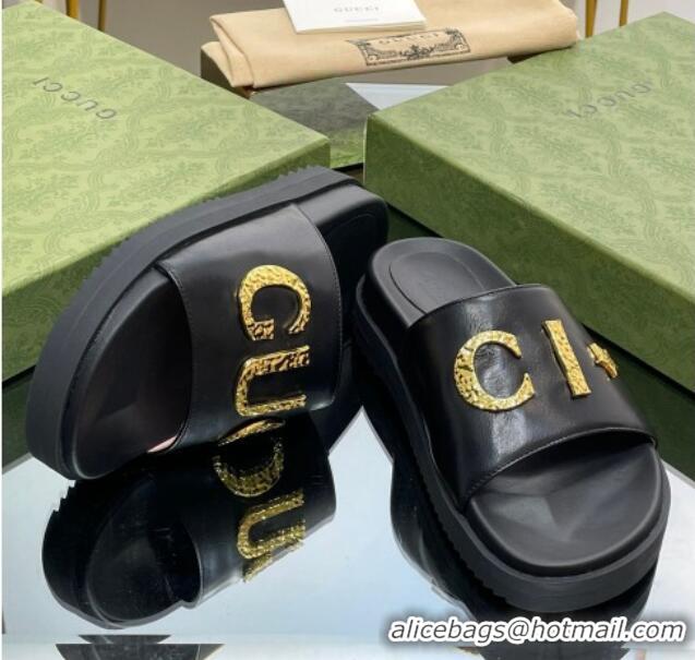 Comfortable Gucci Star Leather Platform Slide Sandals Black 719001