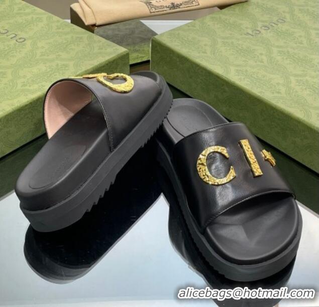 Comfortable Gucci Star Leather Platform Slide Sandals Black 719001