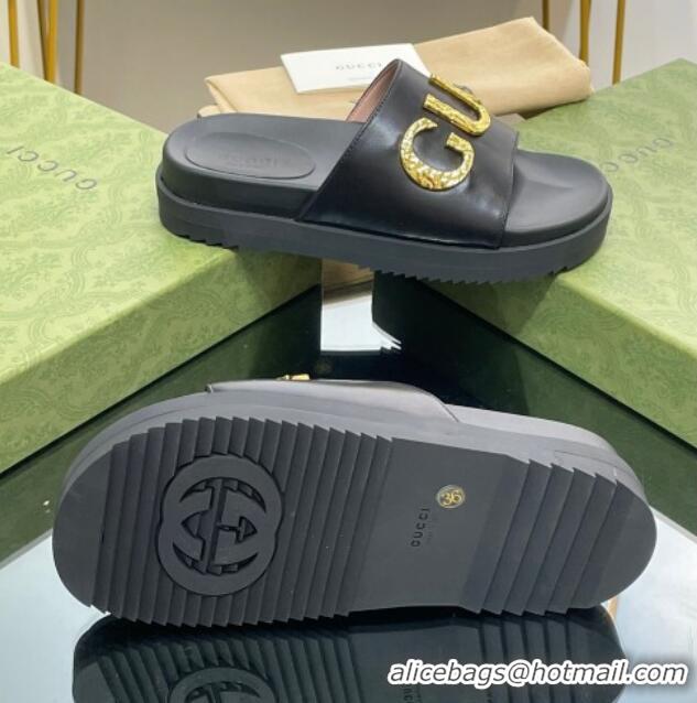 Comfortable Gucci Star Leather Platform Slide Sandals Black 719001