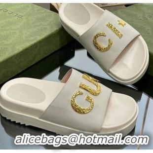 Fashion Gucci Star Leather Platform Slide Sandals White 719002