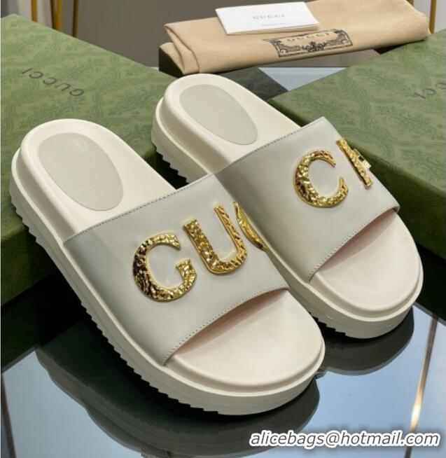 Fashion Gucci Star Leather Platform Slide Sandals White 719002