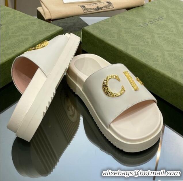 Fashion Gucci Star Leather Platform Slide Sandals White 719002