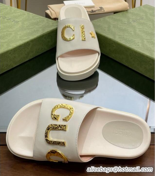 Fashion Gucci Star Leather Platform Slide Sandals White 719002