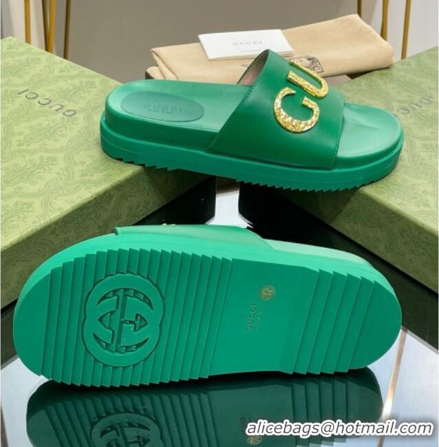 Luxury Gucci Star Leather Platform Slide Sandals Green 719003