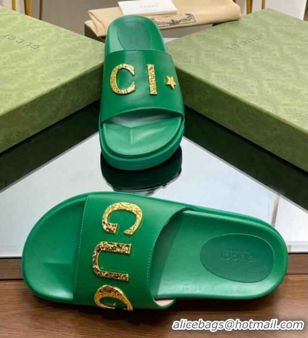 Luxury Gucci Star Leather Platform Slide Sandals Green 719003