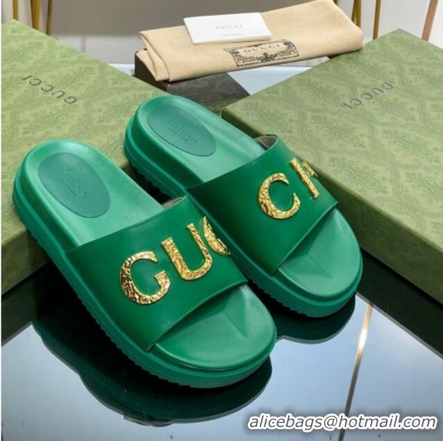 Luxury Gucci Star Leather Platform Slide Sandals Green 719003