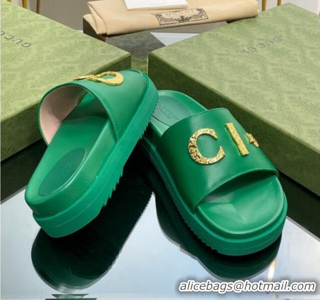 Luxury Gucci Star Leather Platform Slide Sandals Green 719003