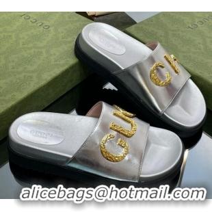 Good Quality Gucci Star Leather Platform Slide Sandals Silver 719004