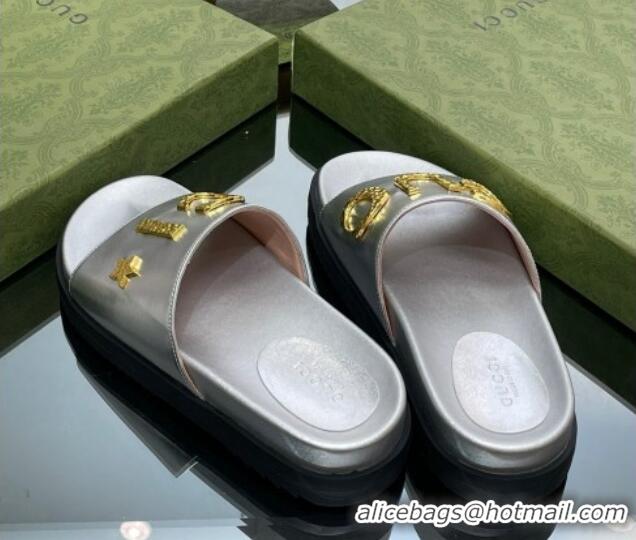 Good Quality Gucci Star Leather Platform Slide Sandals Silver 719004