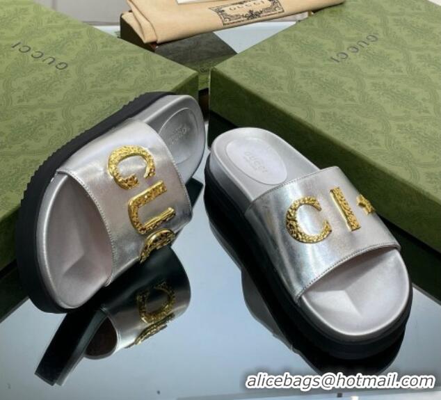 Good Quality Gucci Star Leather Platform Slide Sandals Silver 719004