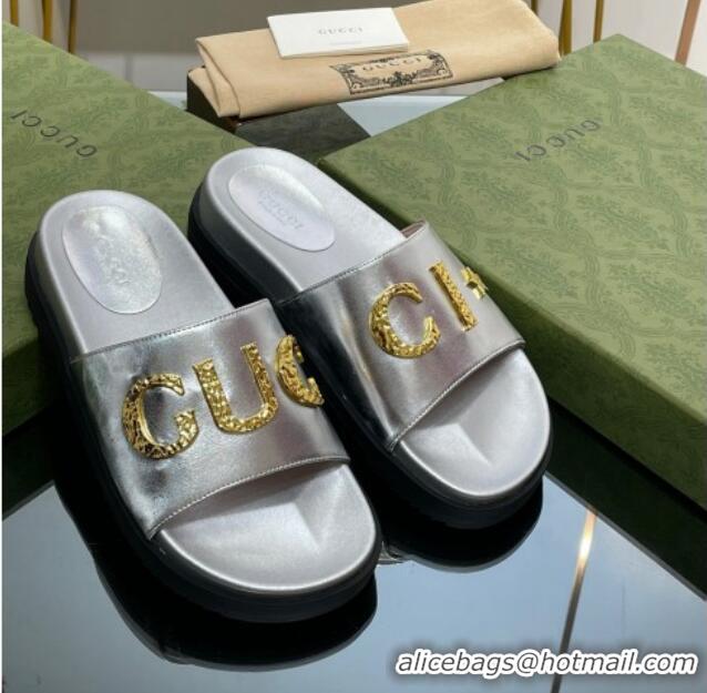 Good Quality Gucci Star Leather Platform Slide Sandals Silver 719004