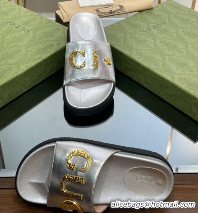 Good Quality Gucci Star Leather Platform Slide Sandals Silver 719004