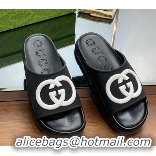 Luxury Gucci Rubber Platform Slide Sandals with Interlocking G Black 719005