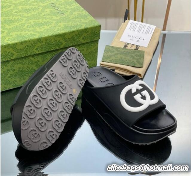 Luxury Gucci Rubber Platform Slide Sandals with Interlocking G Black 719005