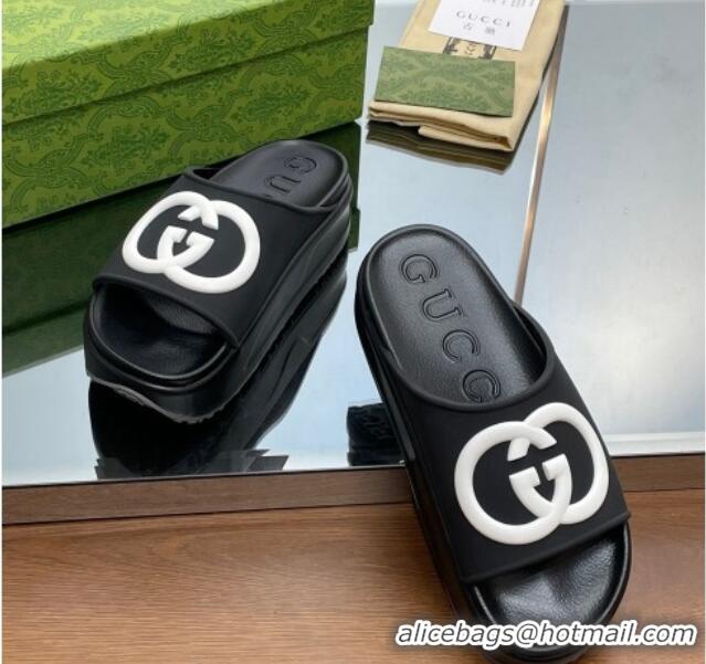 Luxury Gucci Rubber Platform Slide Sandals with Interlocking G Black 719005