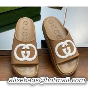 Unique Style Gucci Rubber Platform Slide Sandals with Interlocking G Apricot 719007