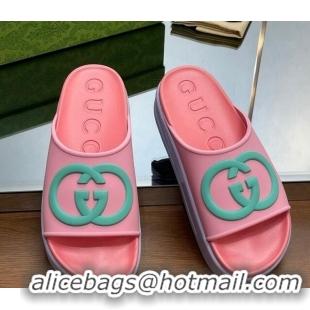 Best Price Gucci Rubber Platform Slide Sandals with Interlocking G Pink/Purple 719008 