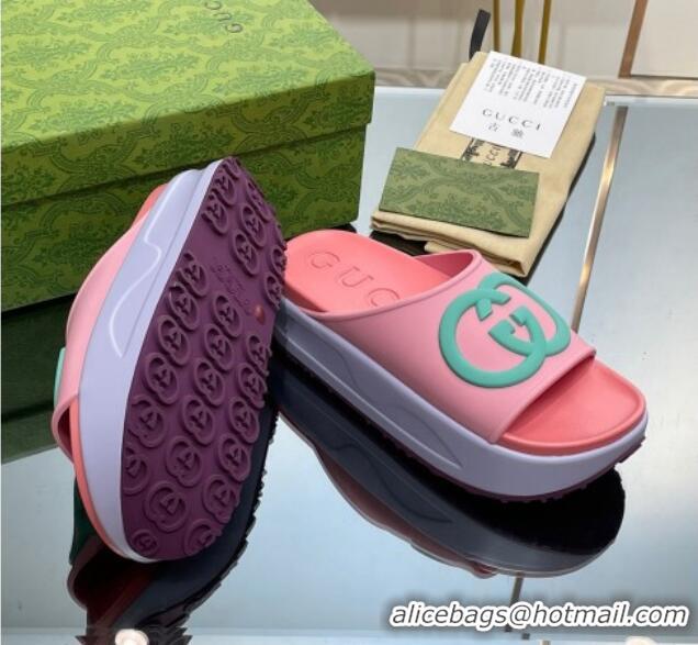 Best Price Gucci Rubber Platform Slide Sandals with Interlocking G Pink/Purple 719008 