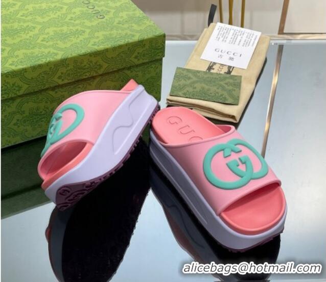 Best Price Gucci Rubber Platform Slide Sandals with Interlocking G Pink/Purple 719008 