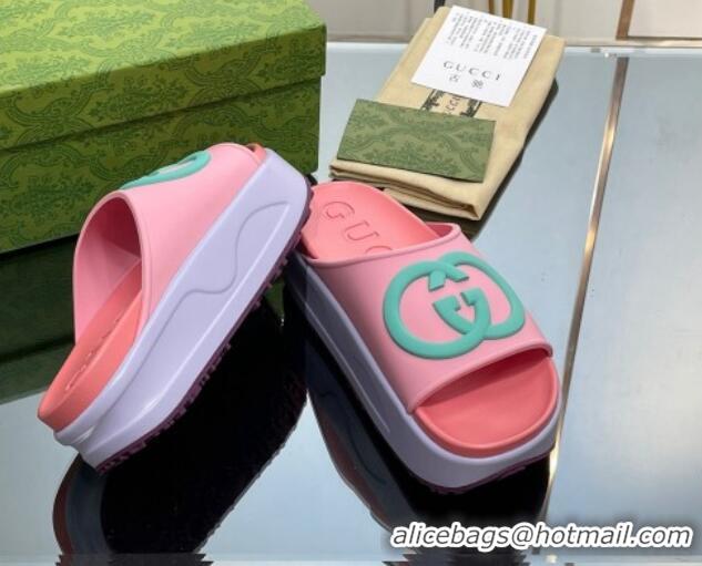 Best Price Gucci Rubber Platform Slide Sandals with Interlocking G Pink/Purple 719008 