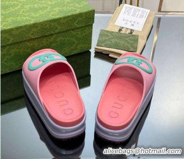 Best Price Gucci Rubber Platform Slide Sandals with Interlocking G Pink/Purple 719008 