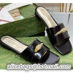 Grade Quality Gucci Patent Leather Flat Slide Sandals with Tiger Head Hardware Black 719010 