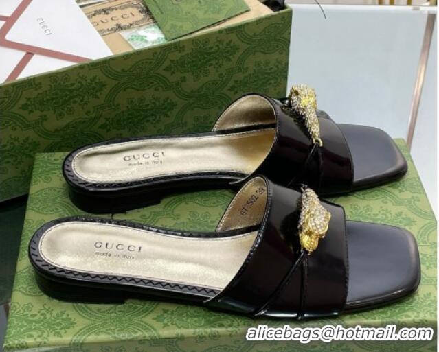 Grade Quality Gucci Patent Leather Flat Slide Sandals with Tiger Head Hardware Black 719010 