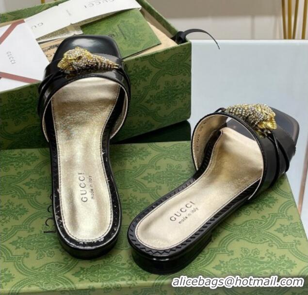 Grade Quality Gucci Patent Leather Flat Slide Sandals with Tiger Head Hardware Black 719010 