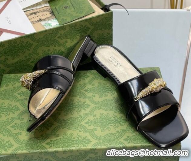 Grade Quality Gucci Patent Leather Flat Slide Sandals with Tiger Head Hardware Black 719010 