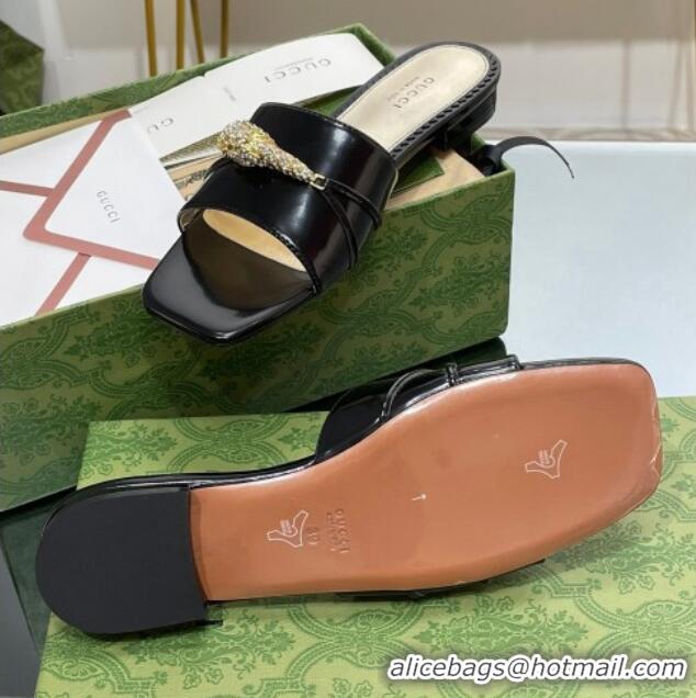 Grade Quality Gucci Patent Leather Flat Slide Sandals with Tiger Head Hardware Black 719010 