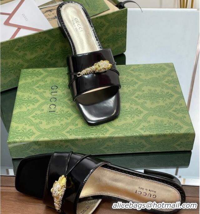 Grade Quality Gucci Patent Leather Flat Slide Sandals with Tiger Head Hardware Black 719010 