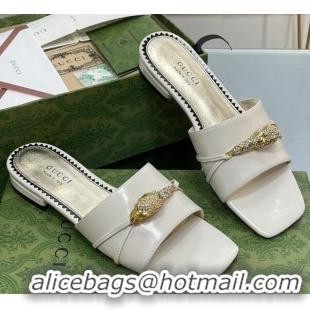 Purchase Gucci Patent Leather Flat Slide Sandals with Tiger Head Hardware White 719011