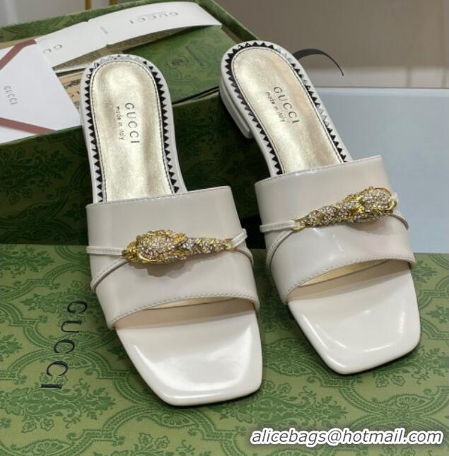 Purchase Gucci Patent Leather Flat Slide Sandals with Tiger Head Hardware White 719011