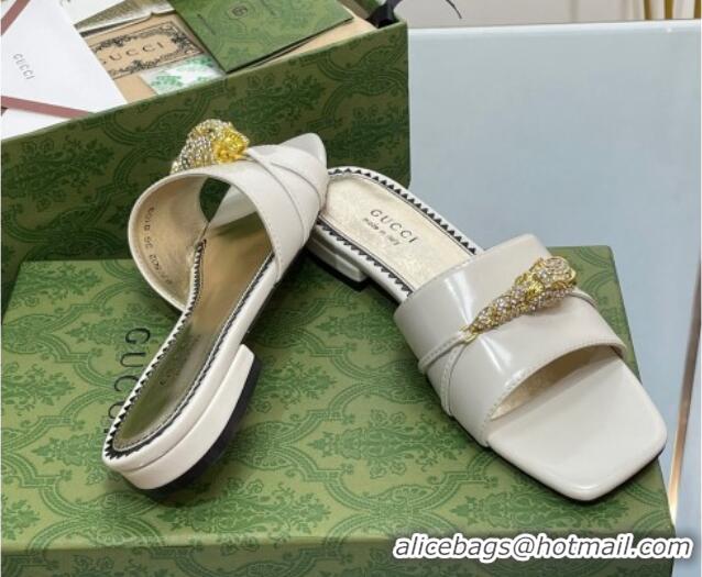 Purchase Gucci Patent Leather Flat Slide Sandals with Tiger Head Hardware White 719011