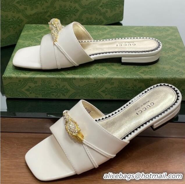 Purchase Gucci Patent Leather Flat Slide Sandals with Tiger Head Hardware White 719011