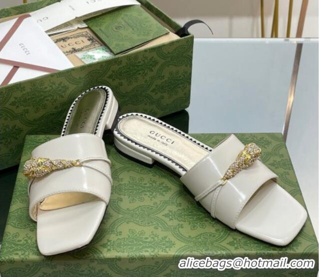 Purchase Gucci Patent Leather Flat Slide Sandals with Tiger Head Hardware White 719011