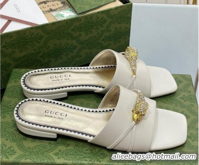 Purchase Gucci Patent Leather Flat Slide Sandals with Tiger Head Hardware White 719011