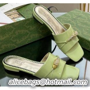 Best Grade Gucci Patent Leather Flat Slide Sandals with Tiger Head Hardware Green 719012