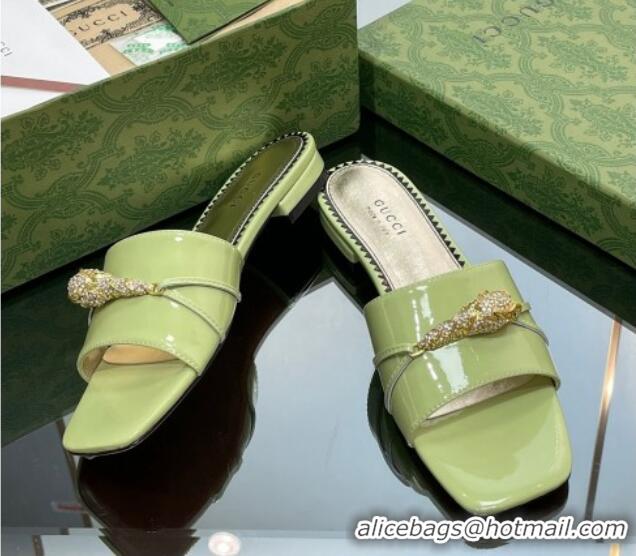 Best Grade Gucci Patent Leather Flat Slide Sandals with Tiger Head Hardware Green 719012