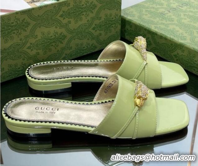 Best Grade Gucci Patent Leather Flat Slide Sandals with Tiger Head Hardware Green 719012