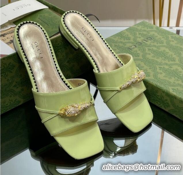 Best Grade Gucci Patent Leather Flat Slide Sandals with Tiger Head Hardware Green 719012